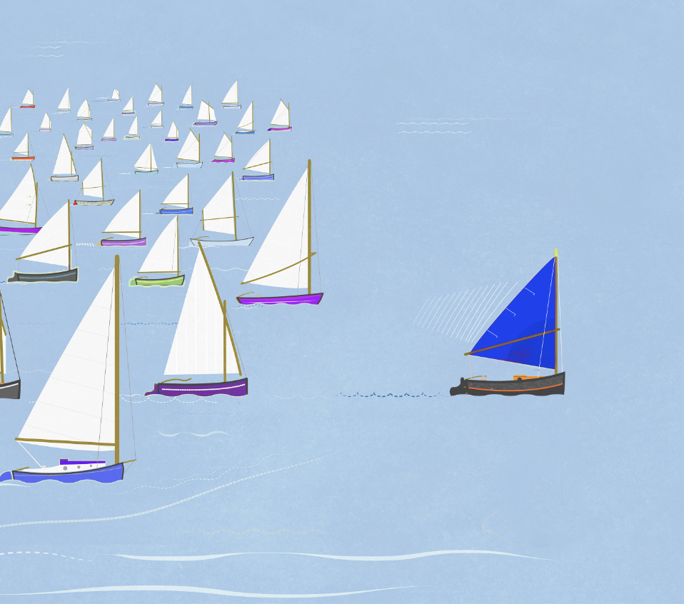 A group of boats with one in the lead