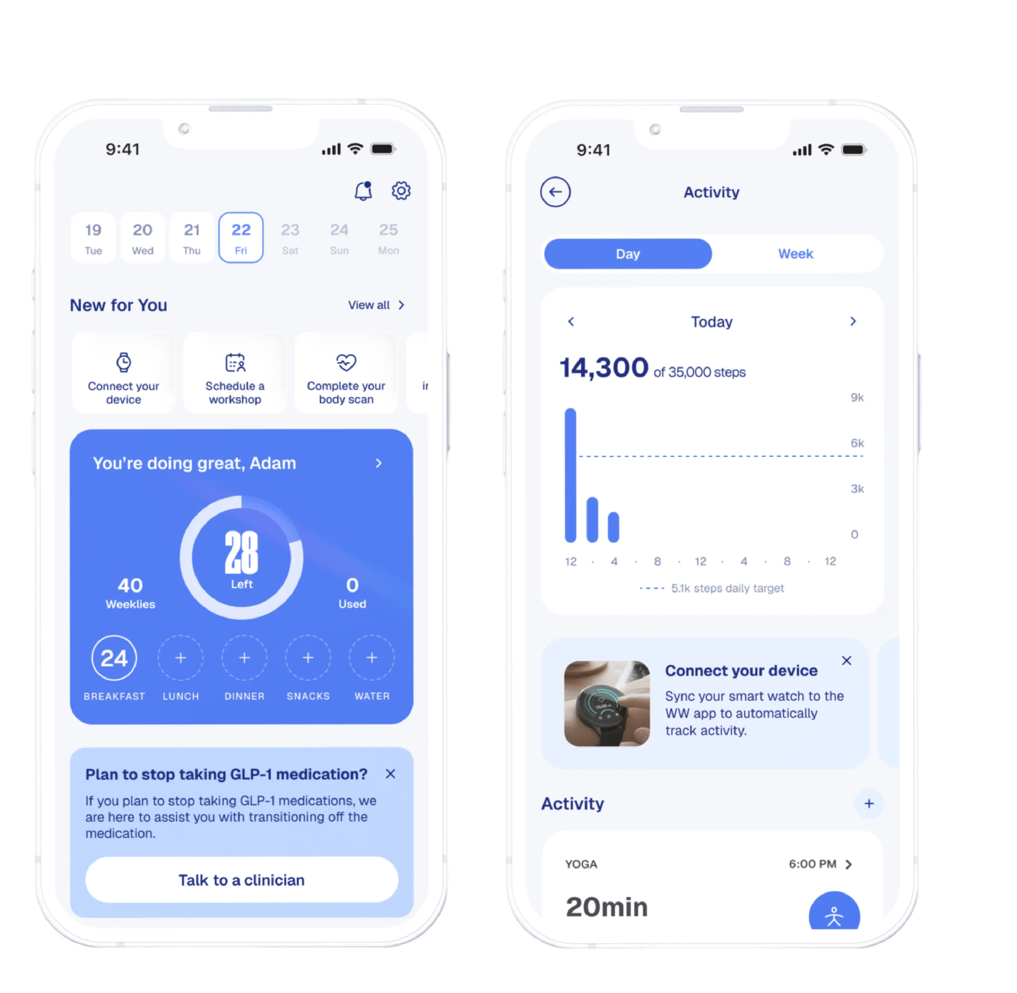 Two phone with app showing days activity and progress