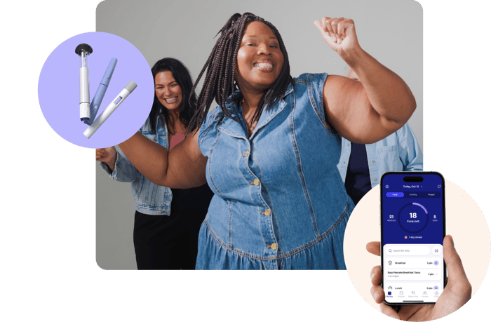 Group of images with a women dancing joyfully in the center, smaller images of GLP-1 injector pens and a WeightWatchers app screen