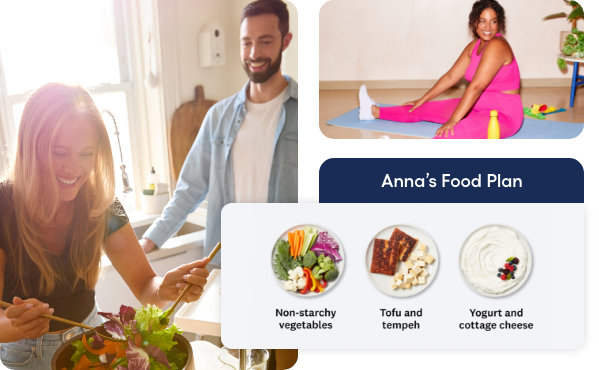 Behavioral Programs grouping of images such as couple eating health, women stretching and WW app photos of an example food plan in app view