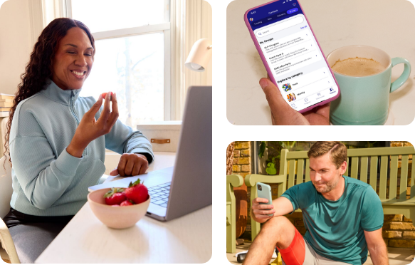WeightWatchers coaching + community. Women eating berries, smartphone WW screen and athletic male sitting looking at phone