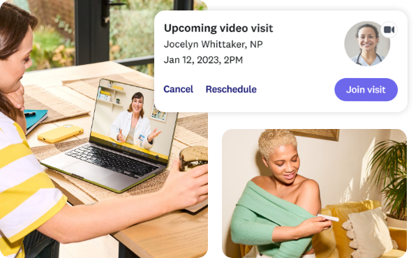 Virtual Clinic + Medication Management image groupings including women looking at televisit with dr on computer, upcoming visit reminder screen and women using autoinjector pen