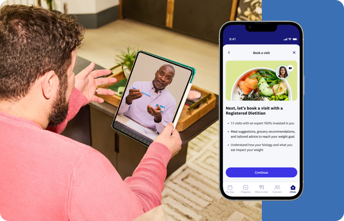 Man talking to dr virtually on ipad.  Phone screen featuring WeightWatchers clinic screen