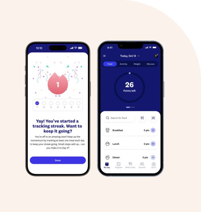Two smart phones with WeightWatcher app screens open